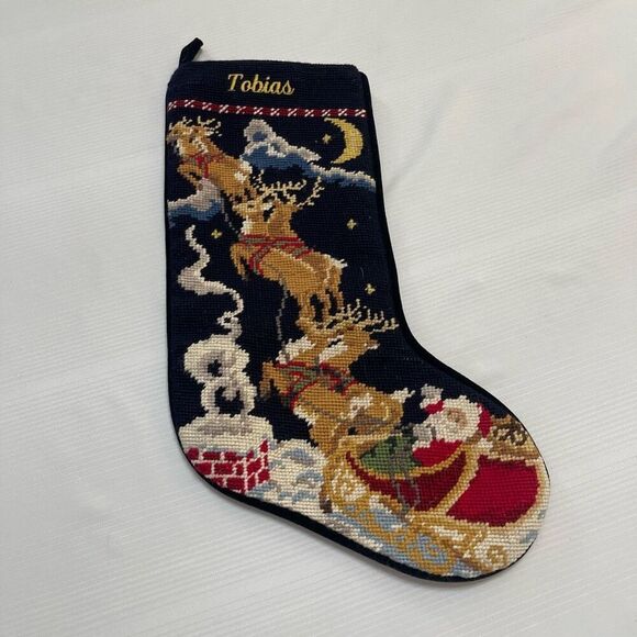Lands End VTG Reindeer Santa Needlepoint Christmas Stocking Tobias - Picture 1 of 6